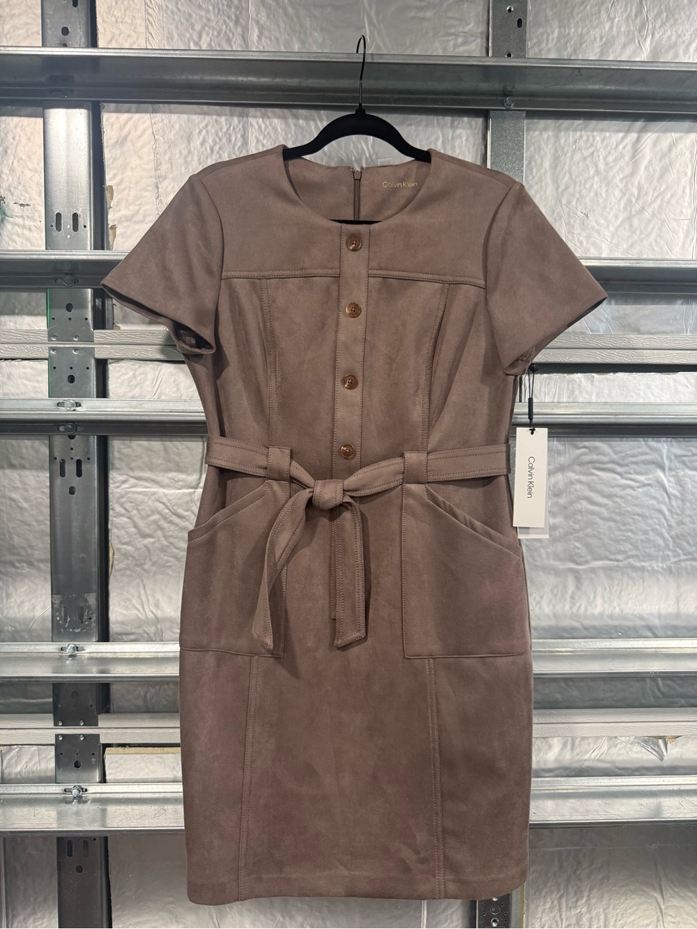 Calvin Klein Faux SuedeTaupe Sueded Belted Sheath Dress